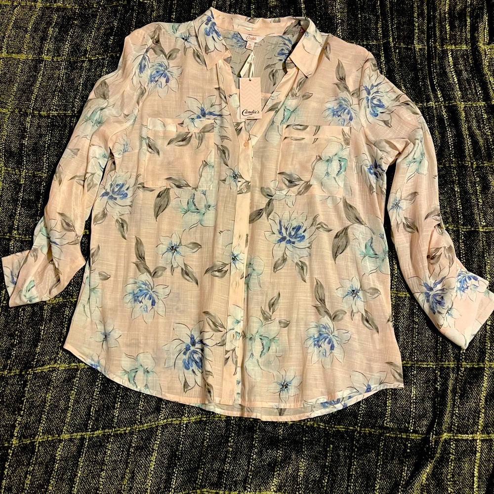 Candies Women’s Long Sleeve Flower Utility Shirt with Front Pockets Size XL
